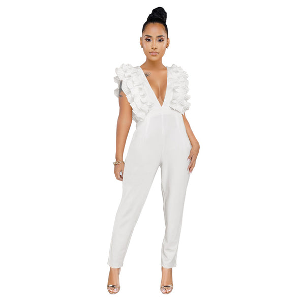 Jumpsuit Escote en V Profundo de Color Sólido