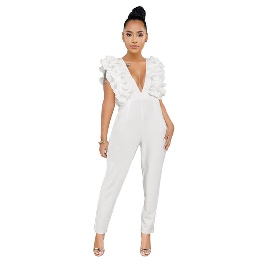 Jumpsuit Escote en V Profundo de Color Sólido