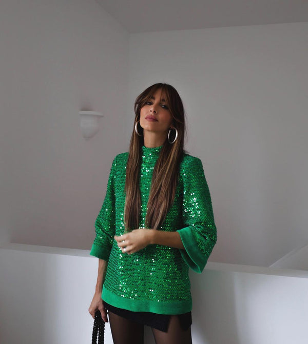 Blusa Suelta de Lentejuelas Manga Larga para Mujer