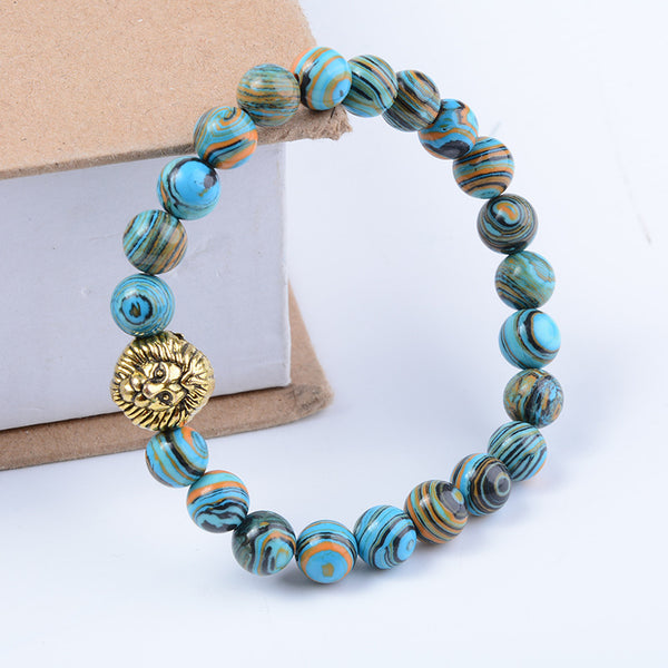 Pulsera de Cuentas con Cabeza de León en Malaquita Azul