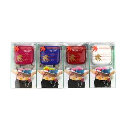 Red square TENS unit with gold bird logo, white cable, and two pink flower-shaped electrode pads for pain relief. - Image 2