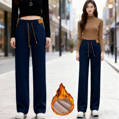 Pantalones Vaqueros Rectos de Cintura Alta con Forro Polar y Pierna Ancha