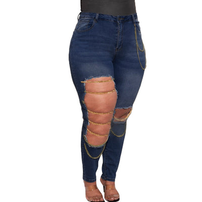 Jeans Oversized Ajustados con Rotos y Cadena Lavado Vintage Alta Elasticidad - Image 7