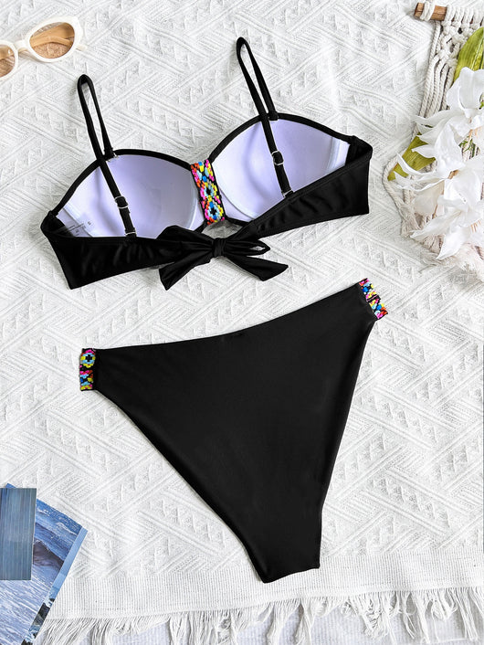 Black split bikini swimsuit for women with a bandeau top and high-cut bottom, featuring colorful geometric patterns. - Image 16