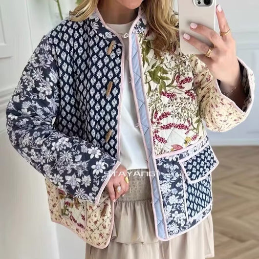 Chaqueta Acolchada Patchwork Estilo Europeo Americano con Impresión Posicionada