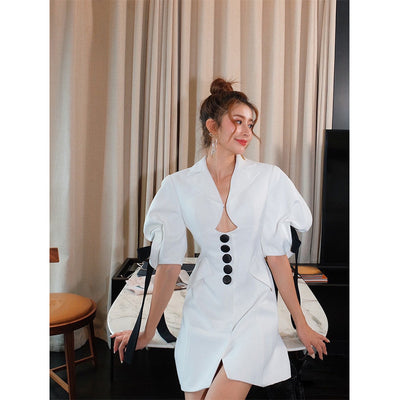 Vestido Blanco con Moño y Mangas Puff Diseño Exclusivo - Image 4