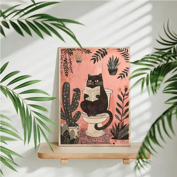 Cuadro Decorativo Gato Negro Leyendo para Baño - Lienzo Impreso
