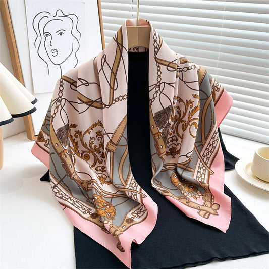 Pañuelo de Seda Twill Estampado 90cm con Anilla Cadena - Diseño Europeo y Americano