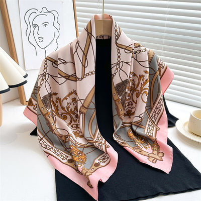 Pañuelo de Seda Twill Estampado 90cm con Anilla Cadena - Diseño Europeo y Americano