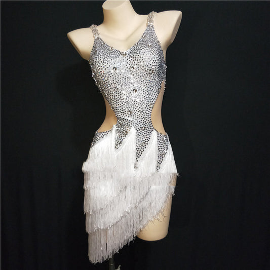 Vestido de Danza Latina con Flecos y Malla Elástica