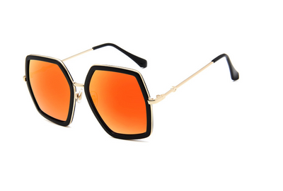 Vintage hexagonal sunglasses with black frames, silver mirrored lenses, and gold-colored metal arms. - Image 7