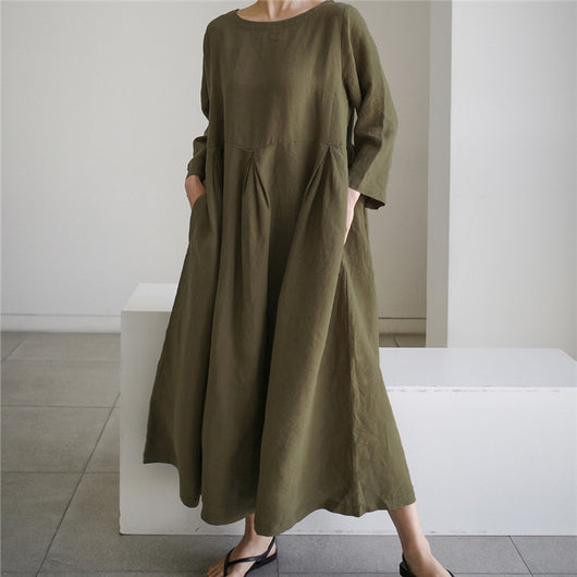 Vestido Lino Suelto Talla Grande - Blusa Larga Estilo Estudiante Cuello Redondo - Image 8