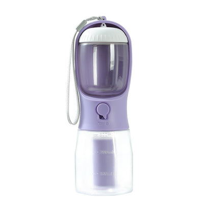 Purple 3-in-1 portable pet water bottle with food compartment, waste bag dispenser, and lanyard. - Image 14
