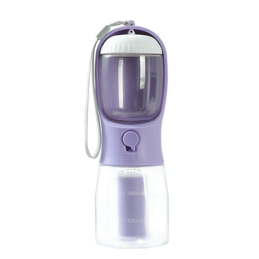 Purple 3-in-1 portable pet water bottle with food compartment, waste bag dispenser, and lanyard. - Image 14
