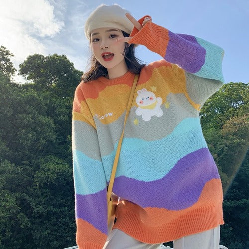 Suéter Pullover de Rayas Arcoíris Grueso para Mujer