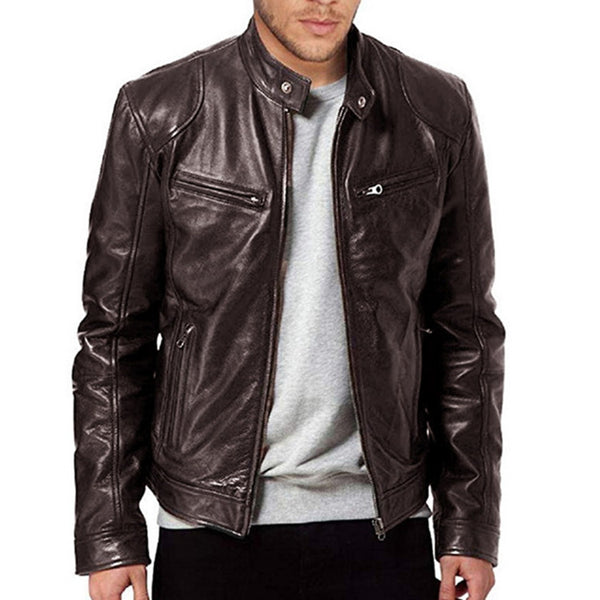 Chaqueta de Cuero PU Slim con Cuello Elevado