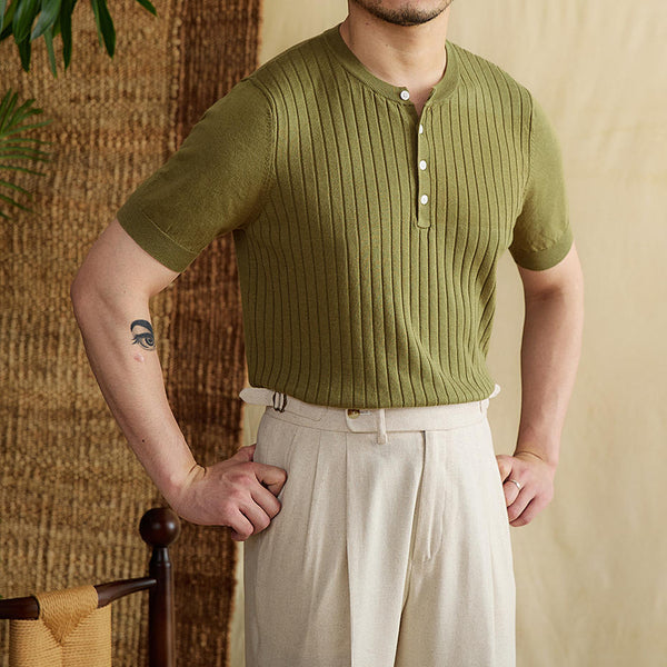 Camiseta de Manga Corta Tencel Algodón con Rayas Hundidas para Hombre