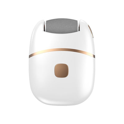 White and gold electric foot callus remover with a roller head, a replacement roller, cleaning brush, and USB cable. - Image 5