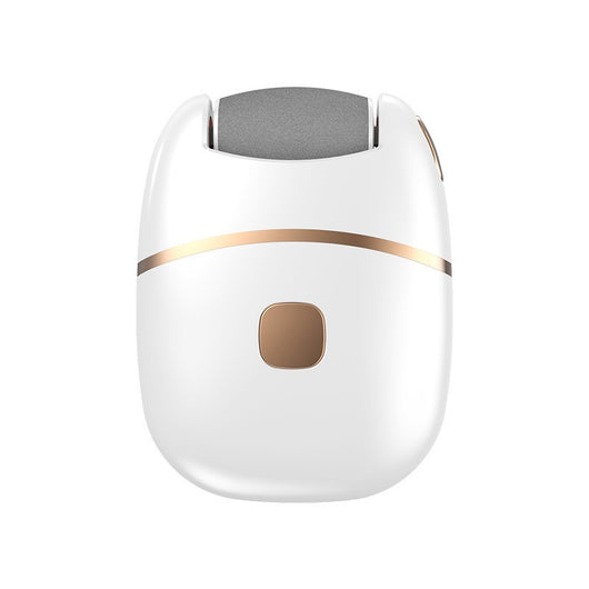 White and gold electric foot callus remover with a roller head, a replacement roller, cleaning brush, and USB cable. - Image 5
