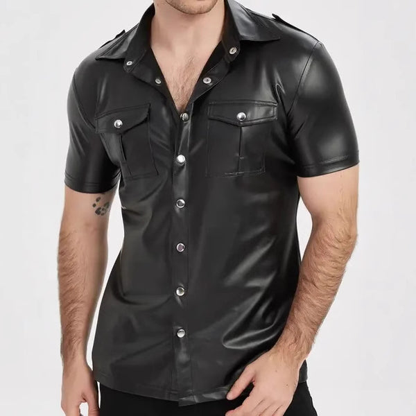 Playera Ajustada de Cuero Brillante Estilo Europeo para Hombre - Verano Casual