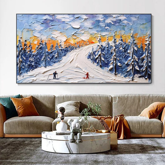 Cuadro Óleo Paisaje Invernal Esquí - Arte Texturizado Lienzo Grande para Sala
