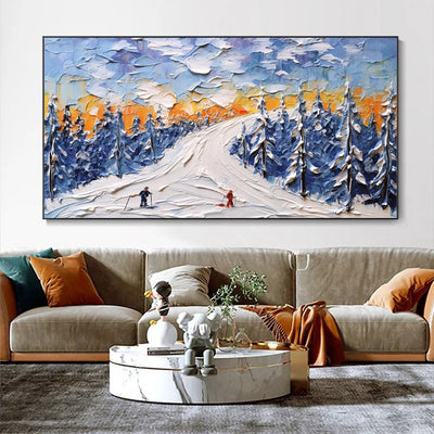 Cuadro Óleo Paisaje Invernal Esquí - Arte Texturizado Lienzo Grande para Sala