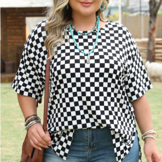 Blusa Talla Grande Estampado Cuadros Negro con Escotes Laterales - Image 7
