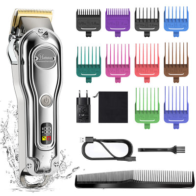 Hatteker professional electric hair clipper with gold blade, LED display, 10 colorful guide combs, USB cable, comb, and cleaning brush. - Image 7