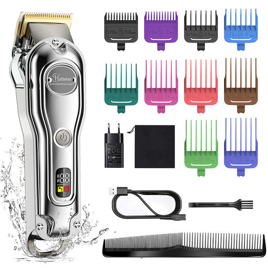 Hatteker professional electric hair clipper with gold blade, LED display, 10 colorful guide combs, USB cable, comb, and cleaning brush. - Image 7