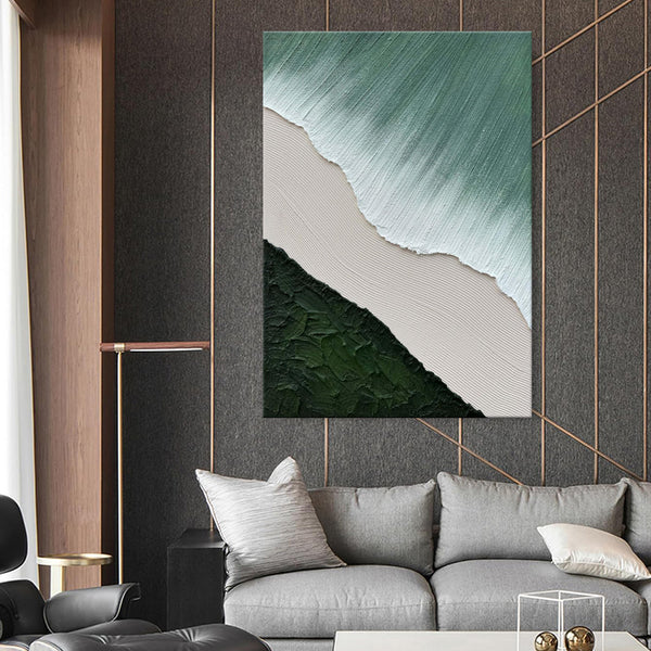 Cuadro Abstracto Minimalista Ondas Verdes y Blancas para Sala y Dormitorio