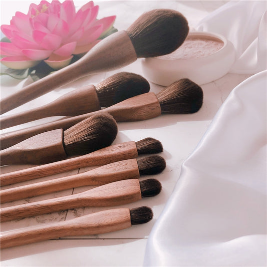 Set de Brochas de Maquillaje con Mango de Madera - Brochas para Rubor, Ojos y Base