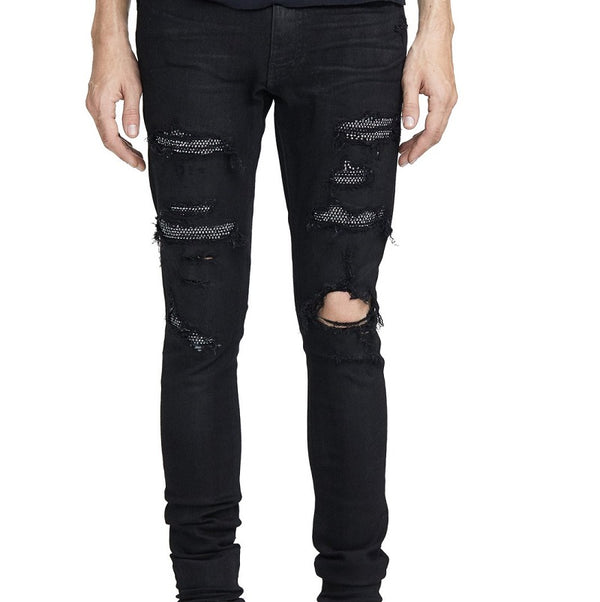 Jeans Slim Negros Elásticos con Detalles de Diamantes