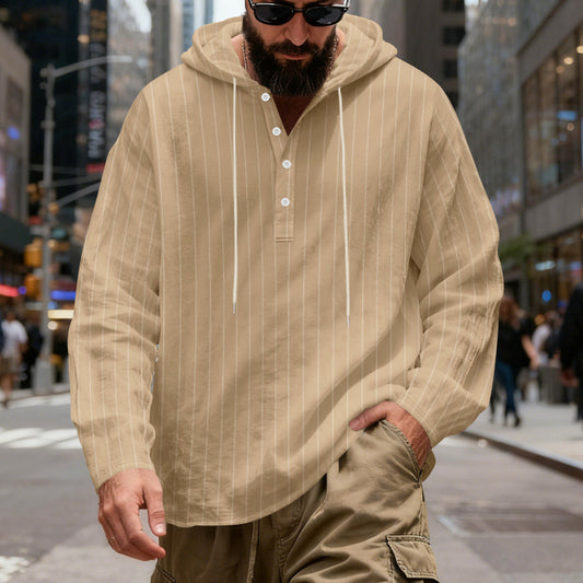 Camisa Lino Holgada Talla Grande Hombre a Rayas con Capucha - Image 2