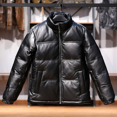 Chaqueta de Cuero con Plumón de Oveja y Cuello de Pie