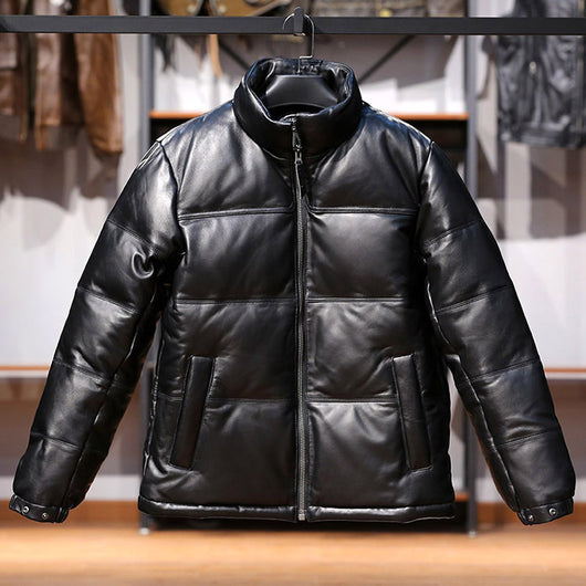 Chaqueta de Cuero con Plumón de Oveja y Cuello de Pie