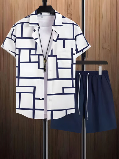 Conjunto de Camisa Hawaiana Hombre a Rayas Blanco y Negro - Image 7