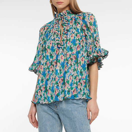 Blusa Georgette Estampada con Mangas Tres Cuartos y Detalles en Chifón
