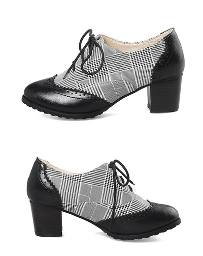 Zapatos Casuales Retro Cuadros Ingleses con Encaje y Suela Gruesa para Mujer - Image 2