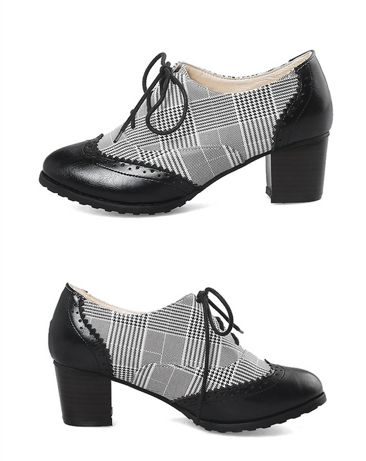 Zapatos Casuales Retro Cuadros Ingleses con Encaje y Suela Gruesa para Mujer - Image 2