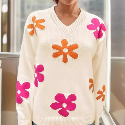 Blusa Casual de Punto con Cuello V y Mangas Largas Estampado Floral - Image 3