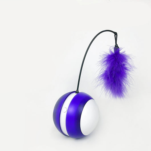 Purple and white interactive cat toy ball with a black wand and fluffy purple feathers. - Image 6