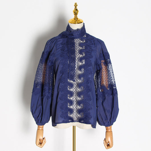 Camisa de Cuello Alto con Bordado Hueco - Estilo Profesional Reforzado - Image 3