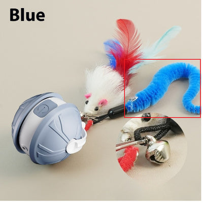 Green and white electric intelligent pet laser toy ball with power button, shown with mouse and worm attachments. - Image 7