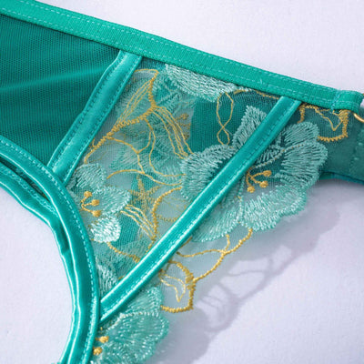 Teal women's fashion bra set with floral embroidery, including an underwire bra, thong, and garter belt. - Image 11
