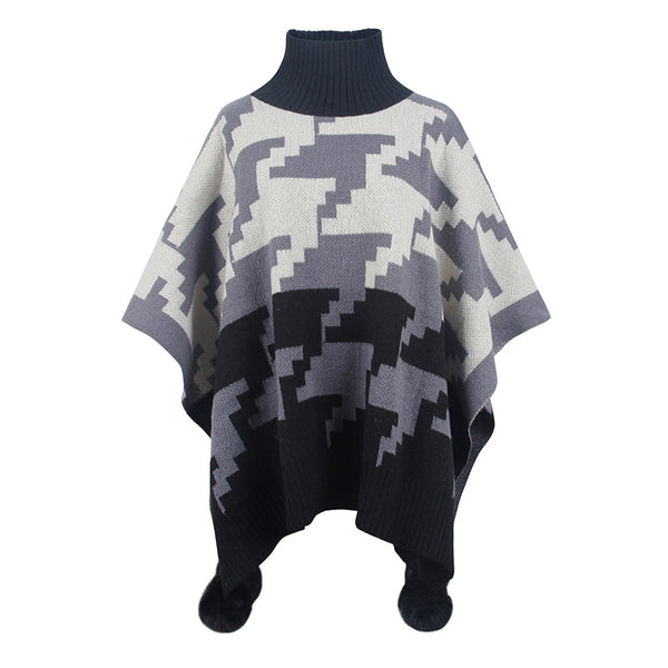 Poncho Capa Cálido Cuello Alto Bicolor con Pompones de Piel - Image 3
