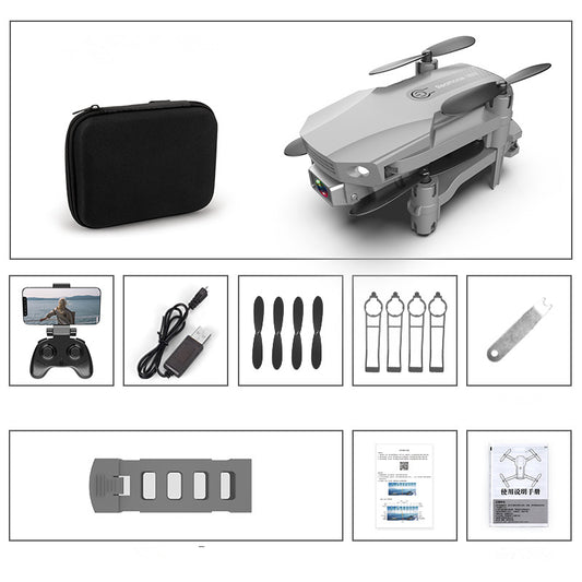 Gray folding drone with 4K camera, remote control, spare propellers, propeller guards, charging cable, and battery. - Image 2