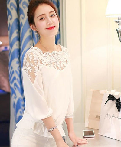 Blusa Suelta Coreana con Encaje y Mangas Tres Cuartos para Mujer - Image 5