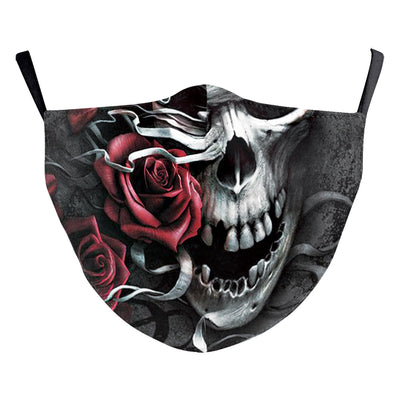 Digital printing dust mask with a funny ghost face and clown design, featuring a sugar skull pattern in red, yellow, and brown. - Image 21