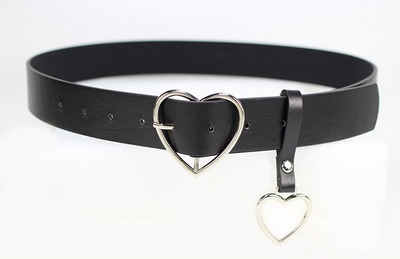 Black imitation leather belt with a silver heart-shaped pin buckle and a dangling silver heart charm. - Image 4