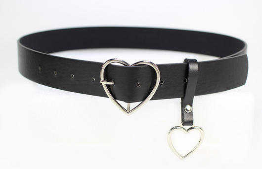 Black imitation leather belt with a silver heart-shaped pin buckle and a dangling silver heart charm. - Image 4